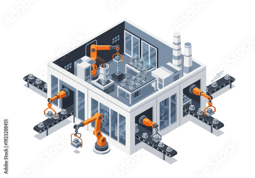 Automated manufacturing facility with robotic arms and machinery in operation from an isometric viewpoint