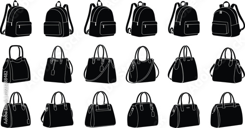 Black vector silhouette set of eighteen diverse women handbags and school backpacks with straps and pockets for fashion retail branding and travel accessory advertising