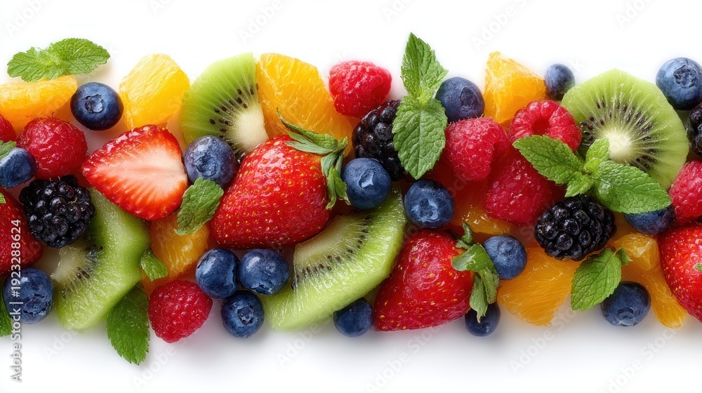 Obraz premium A vibrant fruit salad with kiwi, strawberries, raspberries, blueberries, and oranges on a white background.