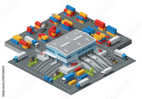 Aerial view of a bustling logistics hub with trucks and containers