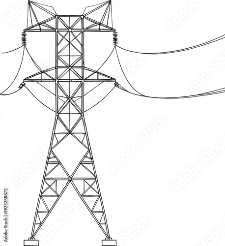 High Voltage Electric Transmission Tower Vector Illustration Power Grid Infrastructure Steel Pylon with Power Lines for Energy Industry Utility Supply and Electrical Engineering Concepts