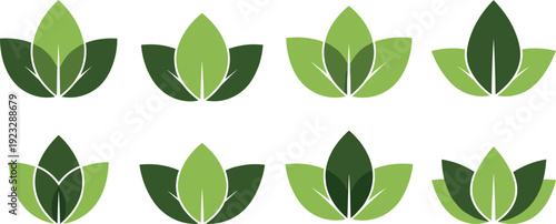 Green leaf logo and icon set featuring layered plant shapes, natural growth symbols, eco friendly design elements, and organic botanical concepts for sustainable branding projects