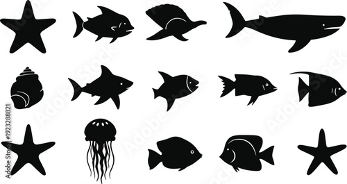 Marine silhouette vector illustration, sea creature drawings, black and white line art, ocean wildlife design elements, aquatic emblem collection