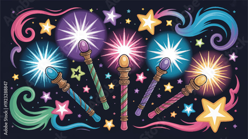 Whimsical fantasy illustration featuring colorful magic wands with sparkling stars and swirls on dark background