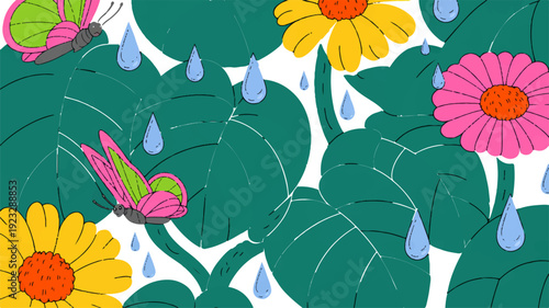Vibrant cartoon flowers and leaves with raindrops on white background