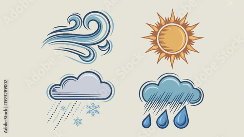 Four dynamic weather icons set with sun wind rain and snow on beige background