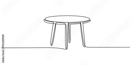 Continuous one line drawing of a round wooden table with legs, depicting simplicity and functionality, line art style vector illustration, Old wooden chair sketch illustration, Round dining table
