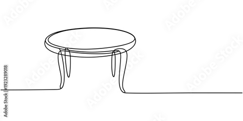 Continuous one line drawing of a round wooden table with legs, depicting simplicity and functionality, line art style vector illustration, Old wooden chair sketch illustration, Round dining table