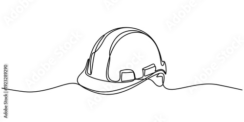Self drawing line Safety hard hat continuous line concept, Protective hard hat, Self drawing one line, Construction safety concept, A safety helmet drawing itself in a continuous