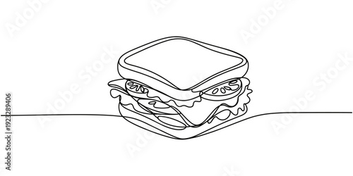 One continuous line drawing of fresh delicious sandwich restaurant, Fast food cafe shop concept. Modern single line draw design, vector graphic illustration.