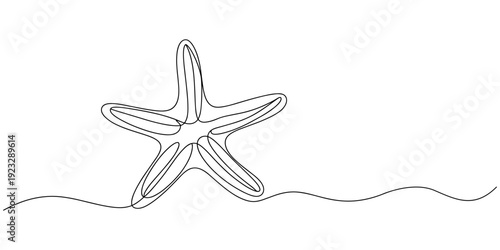 One continuous line drawing of cute starfish for marine logo identity. Sea star creature mascot concept for beachy icon. one line Icon drawing