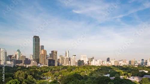 Bangkok central business district time-lapse from day to night, modern skyscrapers under changing sky.