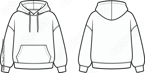 Oversized Hooded Sweatshirt Front and Back View Technical Flat Sketch Vector Illustration Set with Kangaroo Pocket for Fashion Design Tech Pack and Apparel Manufacturing