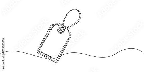 shining blank tag continuous one line drawing,  self drawing of continuous line draw in shining blank tag, Full length single line, minimalist style concept. white back.
