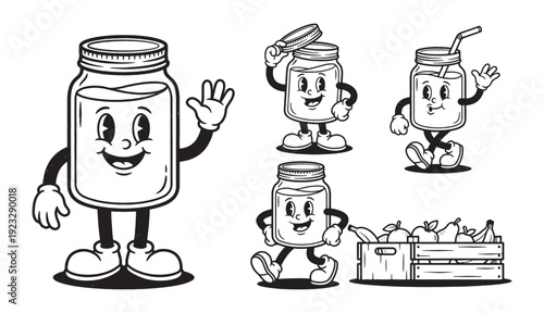 mason jar cartoon mascots with various kitchen and fruit themes