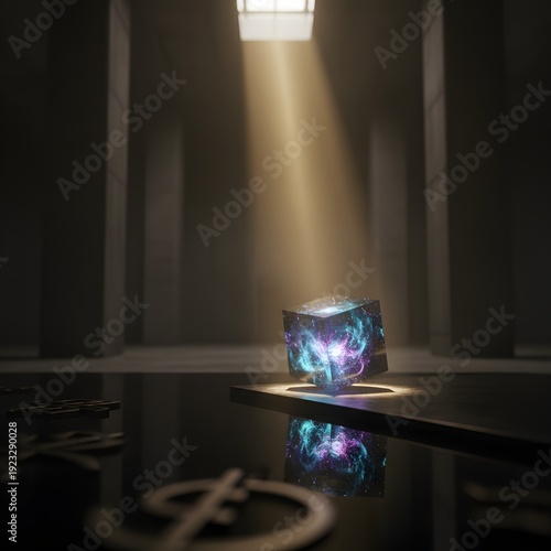 Cosmic cube glowing with vibrant nebula patterns casts a reflection on a dark surface illuminated by a beam of light in a mysterious chamber