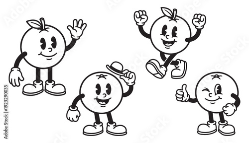 orange fruit cartoon characters with cheerful expressions