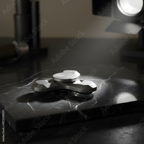 Fidget spinner rests on a dark marble slab dramatically lit to highlight its sleek metallic design and textured surface