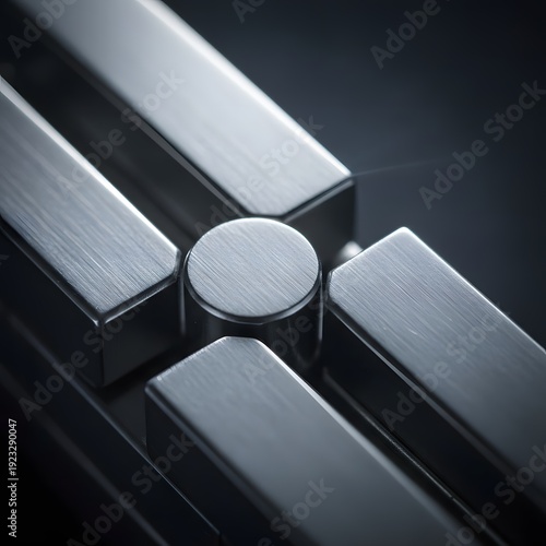 Fidget toy mechanism close up with brushed metallic texture and geometric forms offering tactile engagement and modern design