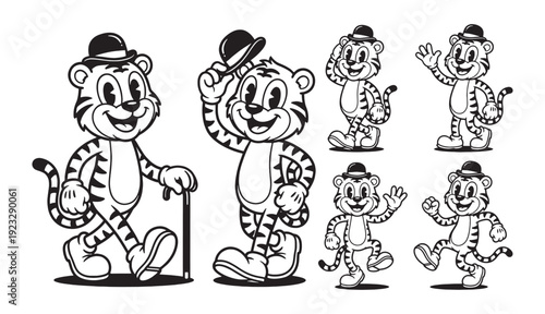 tiger cartoon characters featuring a dapper mascot with a bowler hat and cane