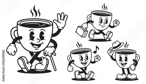 steaming coffee cup cartoon mascot collection