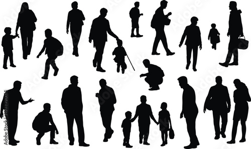 PrintSilhouettes of people, adults and children, walking, standing, 