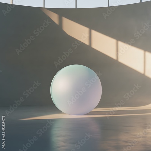 Sphere with a beautiful gradient color sits in a minimalist room bathed in natural sunlight and casting dramatic shadows