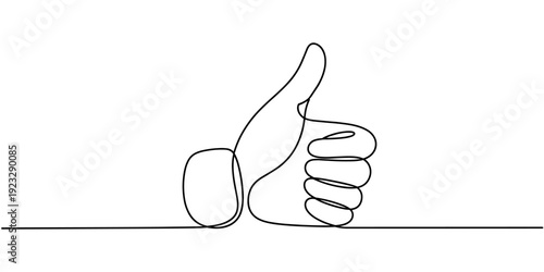 Continuous one line drawing of like hand showing thumb up. Vector illustration, One line drawing of hand showing great sign. Continuous line finger up. Hand-drawn vector illustration of linear like
