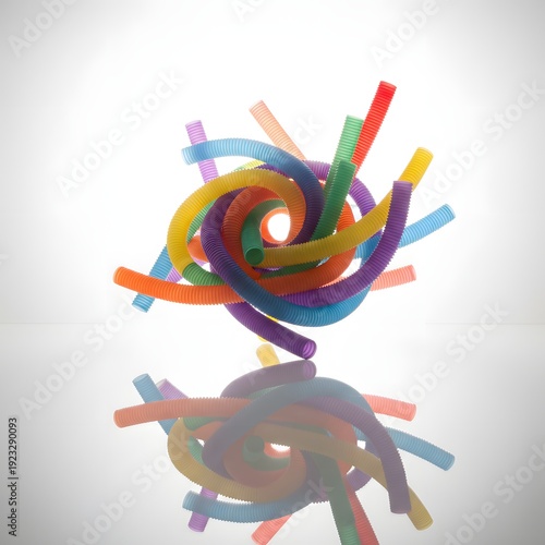 Fidget toys such as colorful flexible pop tubes are artfully arranged in a vibrant spiral reflecting on a glossy surface against a bright background