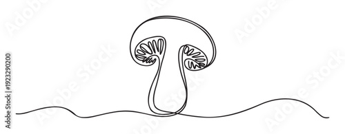 Elegant continuous line drawing depicting a crosssection of a mushroom on a ground line, ideal for food industry promotions, organic product labeling, or botanical educational materials.