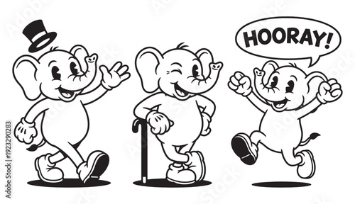 elephant cartoon character set with various cheerful poses.