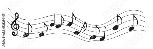 Wavy musical staff with flowing musical notes and a treble clef creating an expressive handwritten melody suitable for educational materials, creative projects, and graphic presentations