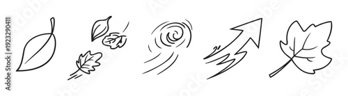 Hand drawn outline set depicting various autumn leaves and dynamic wind gusts, perfect for seasonal ecology projects, weather forecasts, or simple graphic design elements.