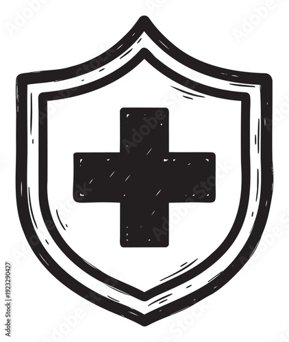 Black and white hand drawn shield with a bold medical cross symbolizing health protection and safety ideal for healthcare services branding and emergency response initiatives