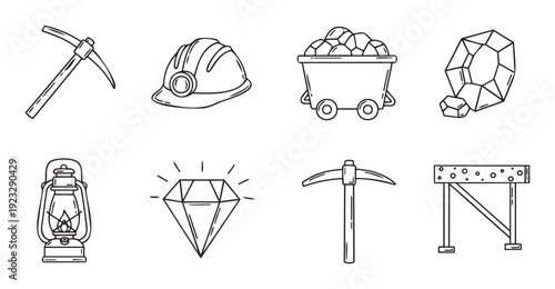 Hand drawn mining tools equipment and precious gemstones outline icons for industrial exploration projects game development or educational resources