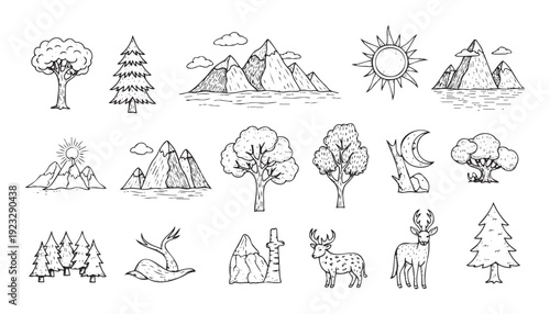 Black and white hand drawn nature symbols featuring various tree types, majestic mountain scenes, sun, moon, and wild deer for educational materials, outdoor exploration projects.