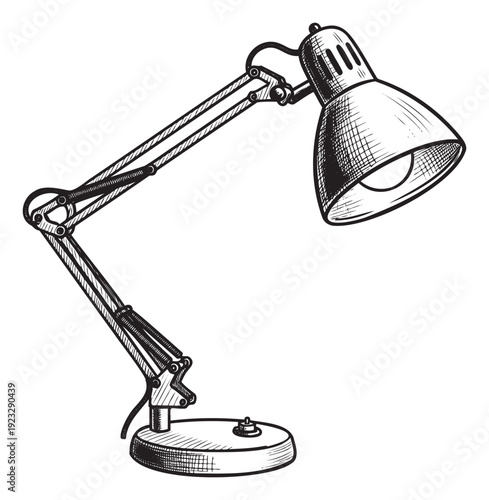 A vintage style adjustable table lamp with articulated arms and a round base provides functional lighting for a home office or creative workspace environment.