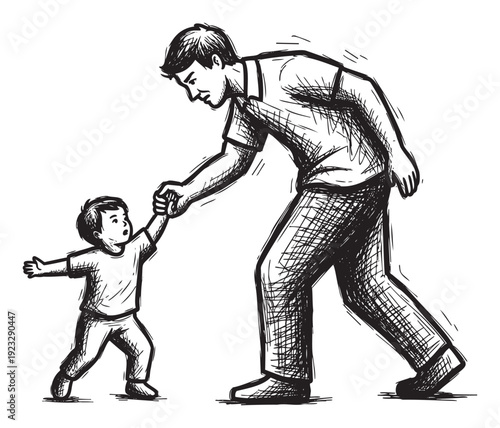 A loving father holds his young sons hand, offering guidance and support as they walk together, perfect for illustrating family bonds and paternal care.