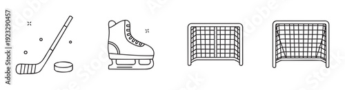 Set of ice hockey sport equipment icons including stick, puck, skate, and goal nets perfect for winter sports apps, game interfaces, or athletic activity graphic resources