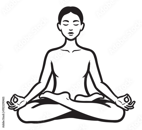 A serene woman with closed eyes is meditating in a seated lotus yoga pose, displaying a calming spiritual practice for health and wellness related content.