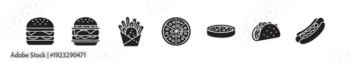 A collection of popular fast food icons including hamburger, fries, pizza, taco, and hot dog, perfect for menu applications, restaurant promotions, and mobile app interface elements.