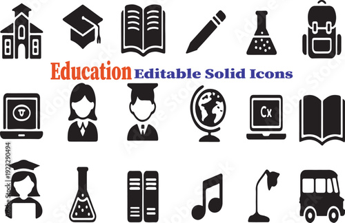 Collection of solid education icons for school and university learning