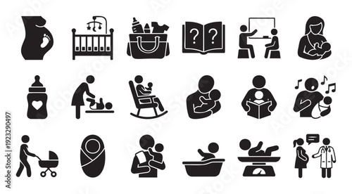 A diverse set of pictogram icons illustrating various stages of pregnancy, newborn care, and parenting activities for educational, medical, and family resources.