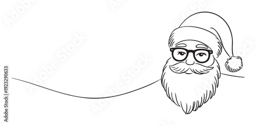 Black and white graphic depiction of Santa Claus head wearing a hat and spectacles with a long beard, ideal for festive season marketing, greeting projects, and winter event promotions.