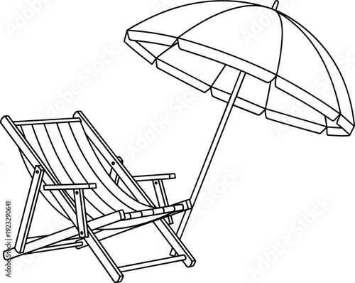 Beach Chair with Umbrella Line Art Illustration Summer Vacation Relaxation Seaside Furniture Outline Vector Isolated on White Background