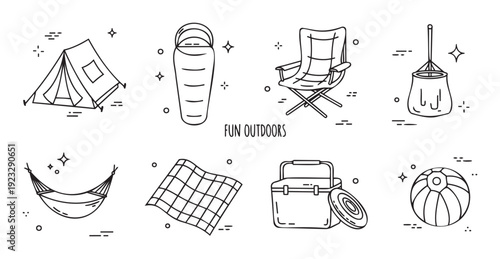 Collection of essential handdrawn line icons depicting outdoor recreation, camping equipment, and summer activities, perfect for travel guides, web graphics, or marketing materials.