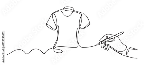 Simple continuous line drawing of a human hand holding a pen, actively sketching the outline of a plain tshirt, suitable for apparel branding and creative graphic projects.