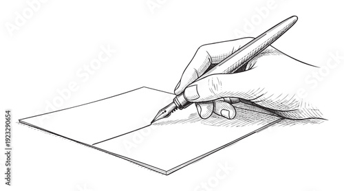 A hand precisely holding a sophisticated fountain pen, actively writing on blank paper, perfect for conveying concepts of classical education, elegant communication, or formal documentation