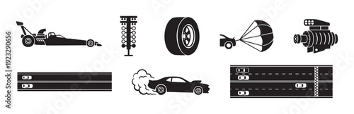 Professional drag racing sports icons collection featuring high performance vehicles speed equipment and track elements perfect for motor sport related graphic projects and web applications