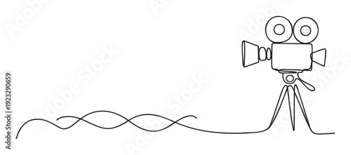 Single line drawing of a classic movie camera on a tripod symbolizing film production and creative storytelling for entertainment media marketing and event promotion